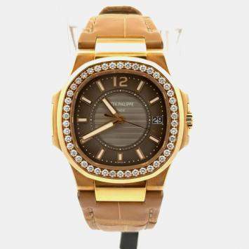 Pre Owned Patek Philippe Nautilus 7010/1R-010 Brown Rose Gold Diamond Quartz Women Wristwatch 32mm