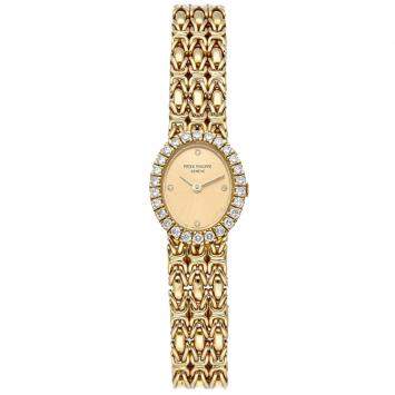 Pre Owned Patek Philippe Champagne Diamonds 18K Yellow Gold Vintage Oval 4752/001 Women's Wristwatch 18 MM