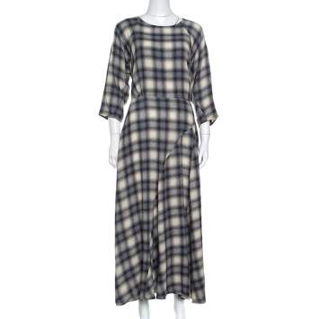 Pre Owned Paul and Joe Grey and Off White Tartan Plaid Long Sleeve Dress M