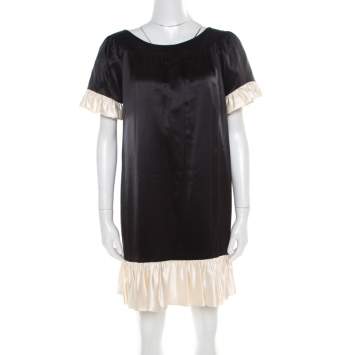 Pre Owned Paul and Joe Black Satin Contrast Ruffled Trim Detail Dress S