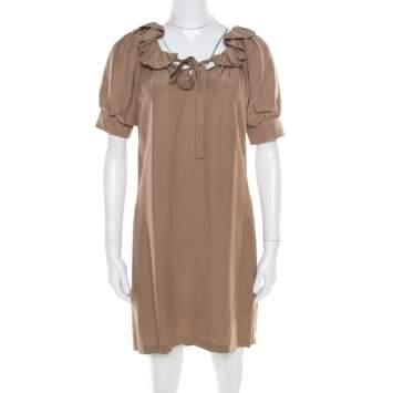 Pre Owned Paul & Joe Brown Silk Neck Tie Ruffled Neck Cerlina Dress S