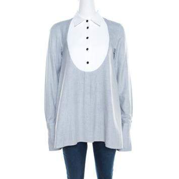 Pre Owned Paul & Joe Grey Basketweave Cotton Contrast Yoke Long Sleeve Top ( One Size )