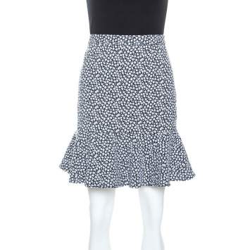 Paul and Joe Navy and White Floral Knit Cotton Blend Ruffle Hem Skirt M 