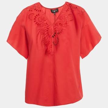 Pre Owned Paule Ka Red Embroidered Cotton Blouse L