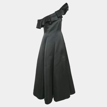 Pre Owned Paul Ka Black Paneled Satin Ruffle Detail Gown M