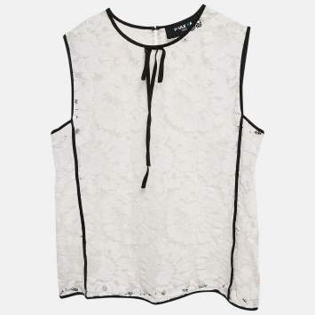 Pre Owned Paule Ka White Floral Lace Sleeveless Top M