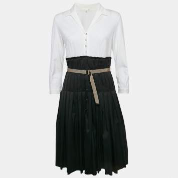 Paule Ka Black & White Cotton Pleated Detail Midi Dress M
