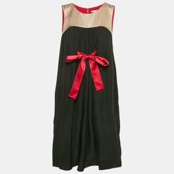 Paule Ka Black Gathered Silk Mini Sleeveless Shift Dress S