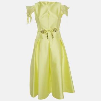 Paule Ka Yellow Feather Trim Taffeta Bow Detail  Midi Dress M 