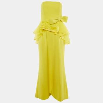 Pre Owned Paule Ka Yellow Crepe Bow & Asymmetric Frill Detail Strapless Maxi Dress L