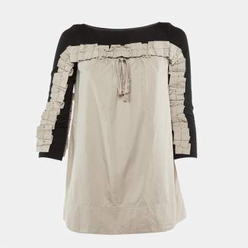 مملوكة مسبقًا Paule Ka Black /Beige Cotton Ruched Detail Top S