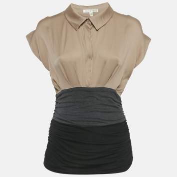 Pre Owned Paule Ka Beige/Black Satin and Jersey Ruche Top S