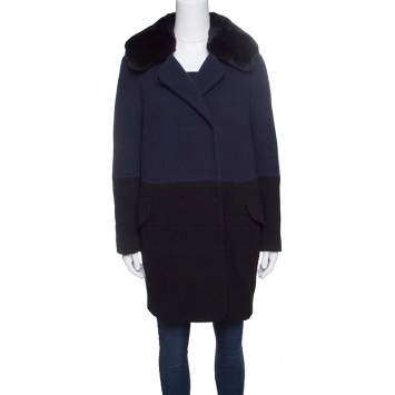 Pre Owned Paule Ka Navy Blue and Black Wool Rabbit Fur Collar Detail Coat S 