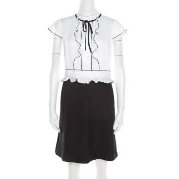 Pre Owned Paule Ka  Monochrome Colorblock Cotton Ruffle Trim Cap Sleeve Dress M