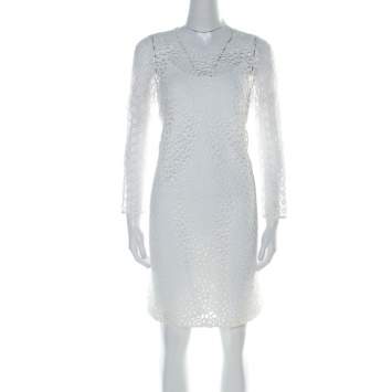 Pre Owned Paule Ka White Multi Lace Long Sleeve Shift Dress M