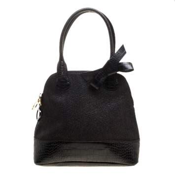 Pre Owned Paule Ka Black Croc Embossed Leather and Woven Straw Bow Satchel