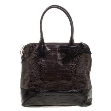 Pre Owned Paule Ka Brown/Black Croc Embossed Leather Bow Tote