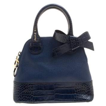 Pre Owned Paule Ka Blue Leather and Croc Embossed Leather Bow Tote