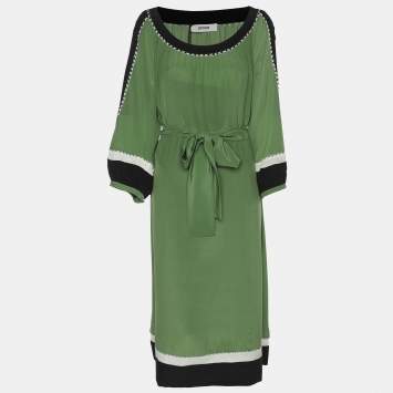مملوكة مسبقًا Persona Green/Black Silk Whip Stitch Detail Midi Dress L