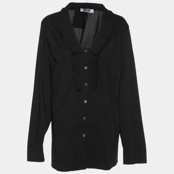 Perte by Krizia Black Cotton Blend Ruffle Front Long Sleeve Shirt L