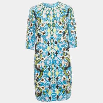 Pre Owned فستان بيتر بيلوتو مكعب كريب مطبوع أزرق متوسط