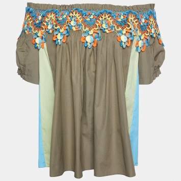 Pre Owned Peter Pilotto Green Cotton Cut work Detail Off Shoulder Top M