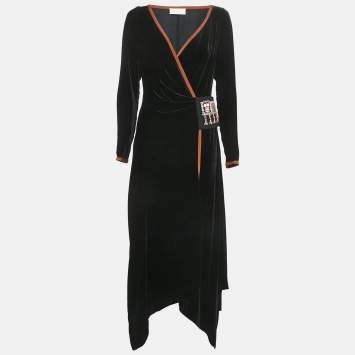 Peter Pilotto Black Velvet Stud Detail Asymmetric Wrap Dress M