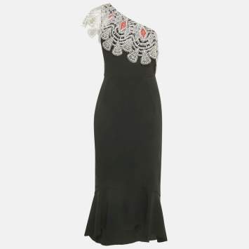 Pre Owned Peter Pilotto Black Crepe Lace Overlay One Shoulder Midi Dress L
