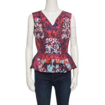 Pre Owned Peter Pilotto Multicolor Textured Water Orchid Print Cloque Peplum Top M