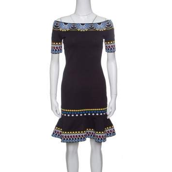 Pre Owned Peter Pilotto Black Jacquard Day Knit Off Shoulder Peplum Dress S