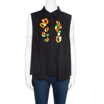 Peter Pilotto Black Embroidered Embellished Cotton Sleeveless Blouse L 