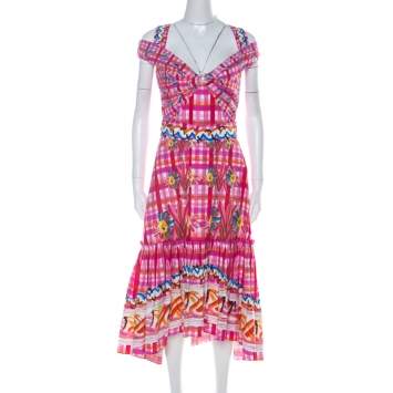 Pre Owned Peter Pilotto Pink Printed Cotton Poplin Cold Shoulder Ruffled Hem Dress S