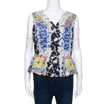 Peter Pilotto Multicolor Printed Silk Jacquard Peplum Detail Sleeveless Top M 