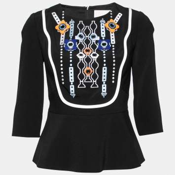 Pre Owned Peter Pilotto Black Crepe Embellished and Eyelet Appliques Flared Hem Top M