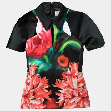 Pre Owned Peter Pilotto Black Floral Printed Satin Cut-Out Detail Top S