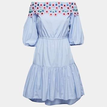 Pre Owned Peter Pilotto Blue Cotton Lace Overlay Off-Shoulder Mini Dress S