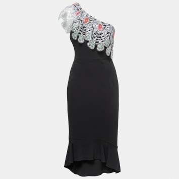 Pre Owned Peter Pilotto Black Crepe Lace Overlay One Shoulder Midi Dress M