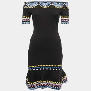 Pre Owned Peter Pilotto Black Jacquard Knit Off Shoulder Bodycon Dress XS