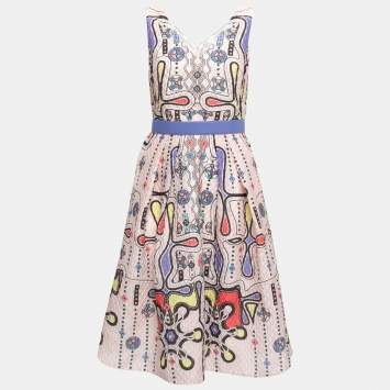 Pre Owned Peter Pilotto Light Pink Printed 3D Waffle Textured Nylon Blend Belted Circle Dress M