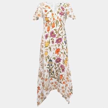 Pre Owned Peter Pilotto White Floral Printed Embossed Crepe Asymmetrical Midi Dress M
