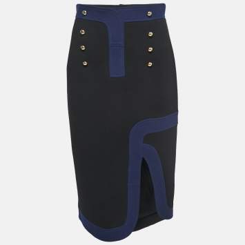 Pre Owned Peter Pilotto Black/Navy Blue Wool Button Detail Slit Midi Skirt M