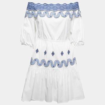Pre Owned Peter Pilotto White Cotton Contrast Lace Off-Shoulder Mini Dress M