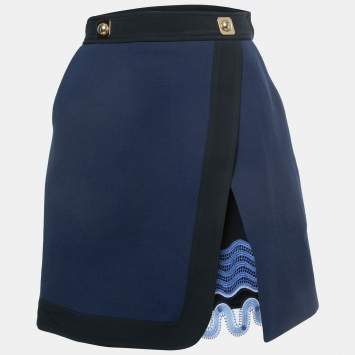 Pre Owned Peter Pilotto Navy Blue Crepe Lace Trim Wrap Style Mini Skirt M