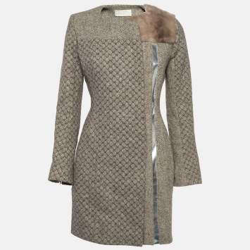 Pre Owned Peter Pilotto Beige Leather and Mink Fur Trim Wool Mid-Length Coat M