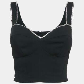 Pre Owned Philip Stein Black Rhinestone Embellished Crepe Bustier Top S