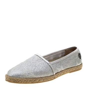 Pre Owned Philipp Plein Metallic Silver Glitter Fabric And Leather Trim Star Espadrilles Size 38.5