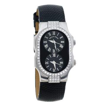 Pre Owned Philip Stein Black Stainless Steel Leather Diamond Signature Teslar Dual Time Women's Wristwatch 24 mm 