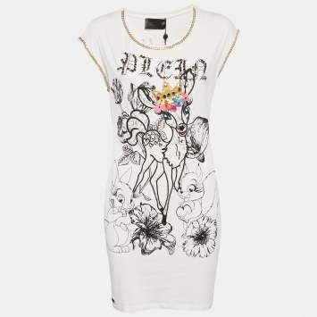 Philipp Plein Couture White Deer Embellished Cotton Mini Dress L