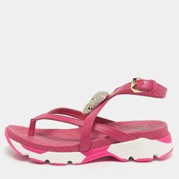 Pre Owned Philipp Plein Pink Leather Crystal Skull Flat Sandals Size 36