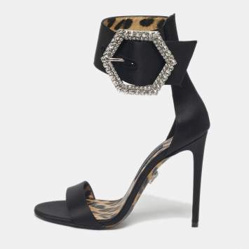 Pre Owned Philipp Plein Black Satin Crystal Embellish Ankle Strap Sandals Size 38